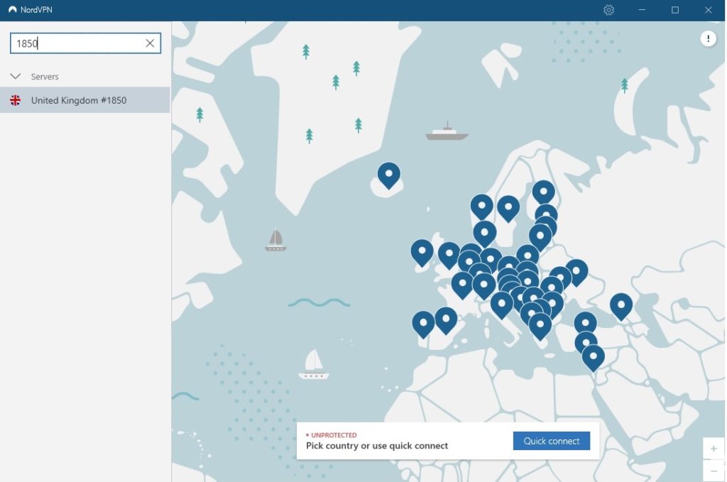 NordVPN interface - Pick a country